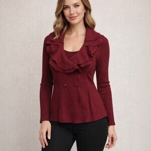 Elena Solano Burgundy Wool Ruffle Collar  Cardigan Sweater Romantic Size Medium